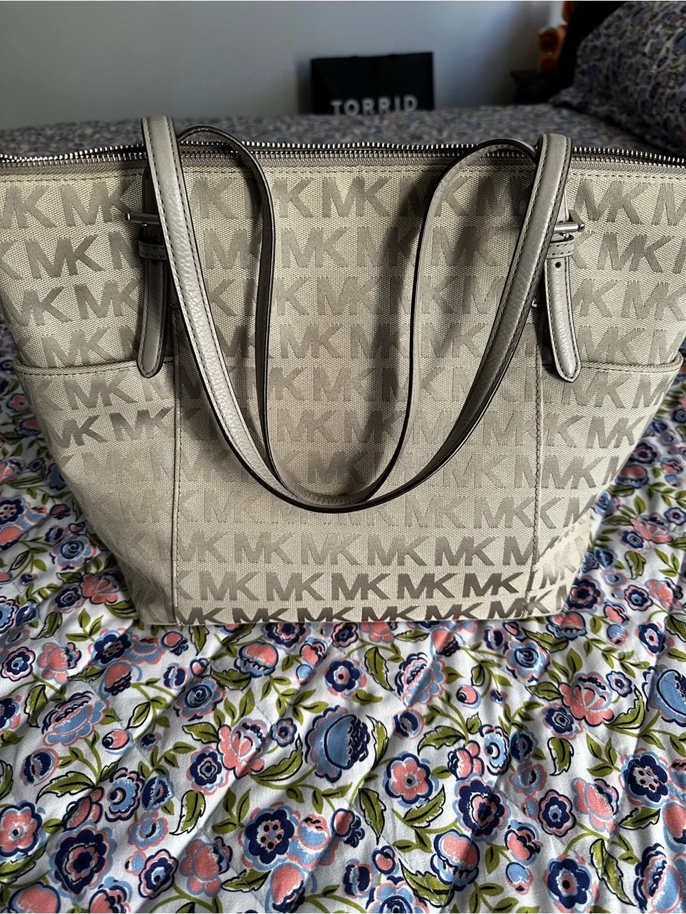 Michael Kors Grey MK Logo Tote with Silver Tone Charm
